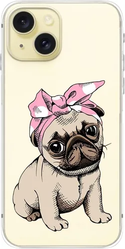 Vista 4 de Blingy's Funda para iPhone 15, lindo patrón de carlino divertido estilo perro divertido diseño de animales de dibujos animados diseño transparente