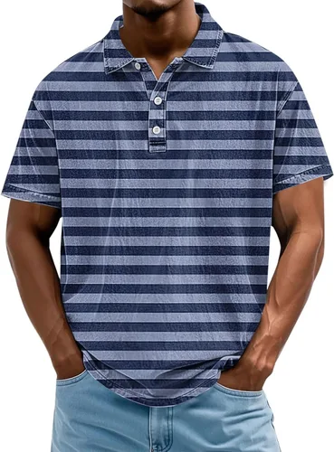 Vista 9 de Camisa polo de manga corta para hombre, camiseta de golf a rayas, de manga corta, para vacaciones, casual, cuello en V, camiseta de verano