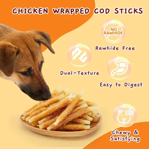 Vista 7 de Jungle Calling 35 golosinas para perros sin cuero crudo, palitos de bacalao envueltos en pollo de 4.5 pulgadas para perros, masticables de larga