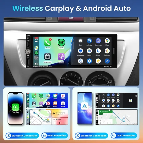 Vista 2 de Estéreo de coche de un solo DIN con CarPlay inalámbrico Android Auto Mirror Link, radio de coche, unidad auricular manos libres Bluetooth de 6.9