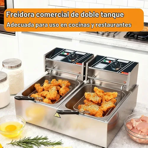 Vista 5 de Freidora eléctrica comercial con canasta, freidora de acero inoxidable de doble tanque de 18.2 cuartos de galón/17.2 L, gran capacidad