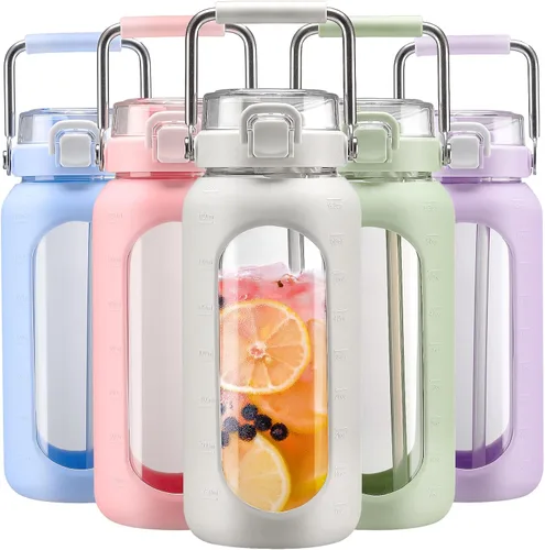 Vista 24 de BLUEGO Botella de agua de vidrio de 64 onzas con mango de acero inoxidable, botella de agua grande con marcadores de tiempo y funda de silicona Ámbar