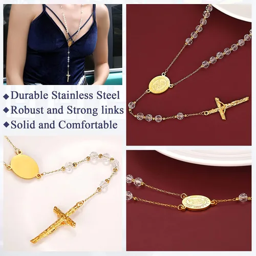 Vista 5 de FaithHeart Christian Rosary Bead Cross Necklace for Women Men, Stainless Steel Praying Rosary Y Necklace Jewelry, Gift Box