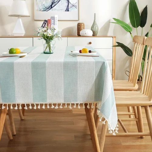 Vista 9 de Mantel rectangular de lino y algodón con borlas y costuras a rayas, a prueba de polvo, para cocina y comedor, 54 x 54 pulgadas, color beige