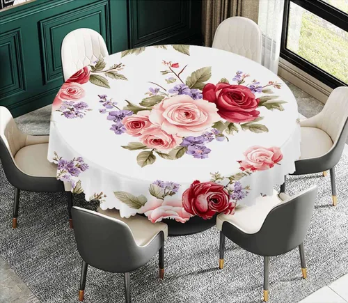 Vista 3 de IBILIU Mantel redondo con diseño floral de rosas, flores de acuarela, flores rosas, flores moradas, mantel circular decorativo para cocina