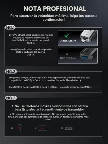 Vista 2 de MOVE SPEED - Unidad USB de 256 GB, unidad de estado sólido SSD portátil de transferencia confiable TLC de 2000 MB/s con USB 3.2 Gen2x2 + tipo C