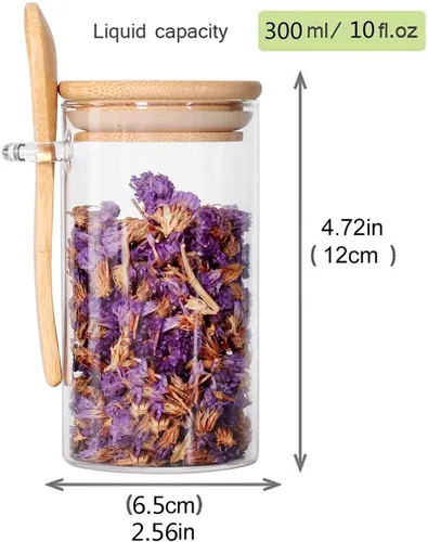 Vista 2 de Tarro de vidrio con tapa y cuchara de bambú, paquete de 8 recipientes de té de 10 onzas para té de hojas sueltas, recipientes de sal y azúcar