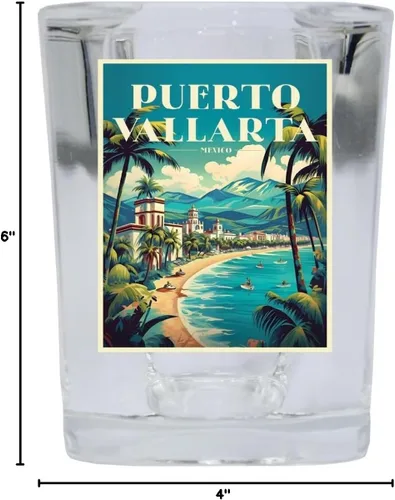 Vista 3 de Puerto Vallarta Mexico Design C Souvenir - Vaso de chupito cuadrado de 2.5 onzas, paquete de 2