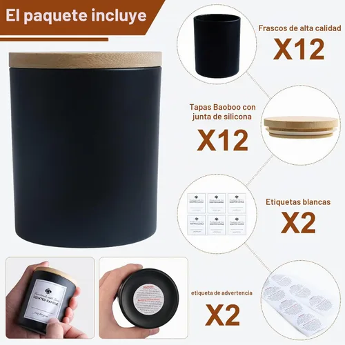 Vista 3 de CONNOO Paquete de 12 tarros de vela de vidrio negro mate de 10 onzas