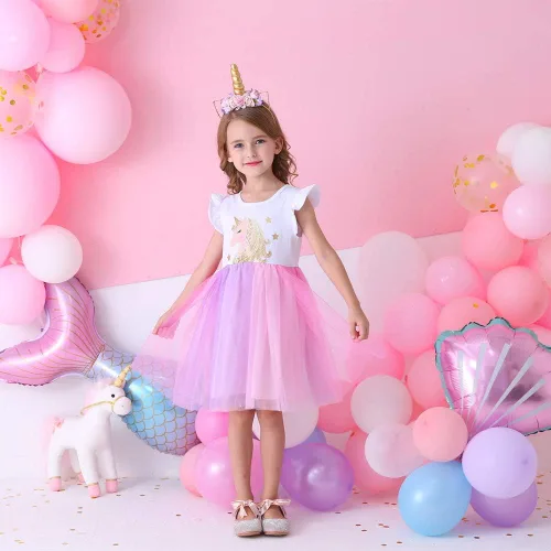 Vista 5 de DXTON Vestidos de verano de manga corta para niña, tutú para fiesta, boda, cumpleaños