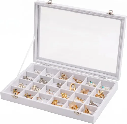 Vista 11 de Frebeauty Bandeja de joyería de 24 rejillas con tapa transparente Beige