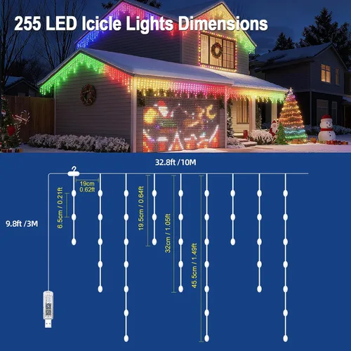 Vista 6 de AHAWILL - Luces de carámbano para exteriores, luces de Navidad al aire libre de 33 pies con 255 LED regulables, IP65 impermeables, luces de cadena