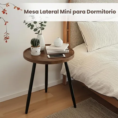 Vista 8 de danpinera Mesa auxiliar redonda, mesa decorativa con patas de metal con bandeja de madera, mesa auxiliar redonda pequeña para sala de estar