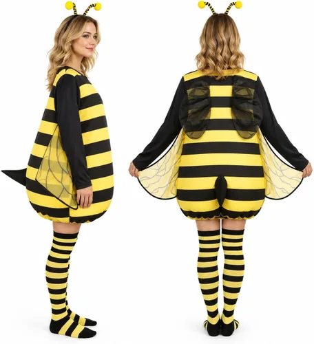 Vista 2 de Disfraz de abeja adulta para mujer, traje de abejorro de 4 piezas Negro y amarillo