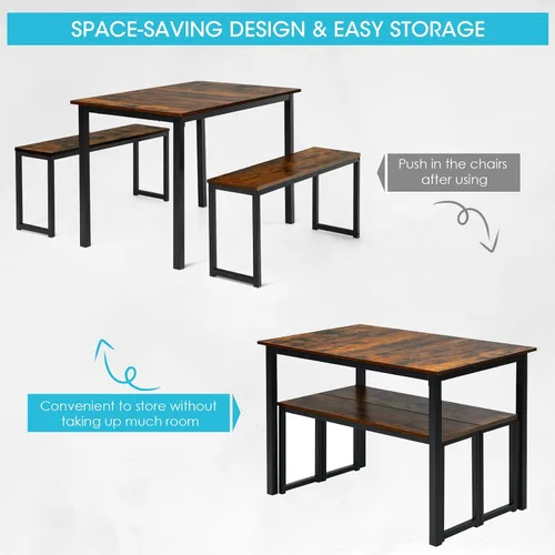 Vista 6 de COSTWAY Juego de mesa de comedor de 3 piezas para 4, mesa de cocina rectangular con 2 bancos, juego de mesa industrial de altura de mostrador