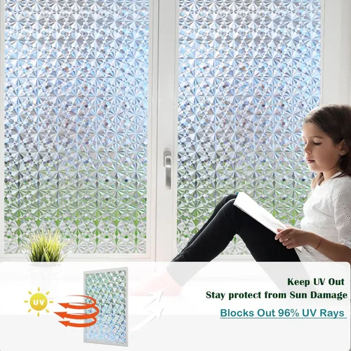 Vista 2 de Niviy Película de Privacidad para Ventanas con Patrón de Diamante 3D, Vinilo No Adhesivo con Adherencia Estática, Película Decorativa para Ventanas