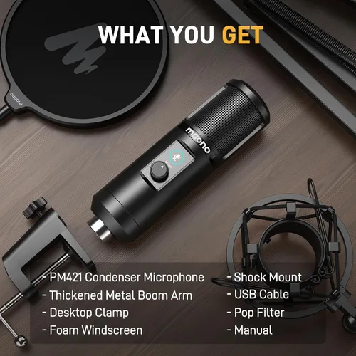 Vista 8 de Kit de micrófono de grabación USB MAONO, micrófono de condensador profesional para PC con silenciamiento táctil y perilla de ganancia de micrófono
