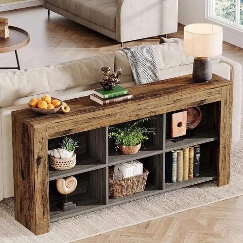 Vista 3 de Tribesigns Mesa consola de 63 pulgadas de largo, mesa de entrada de madera rústica con 6 cubos de almacenamiento, mesa de sofá industrial estrecha