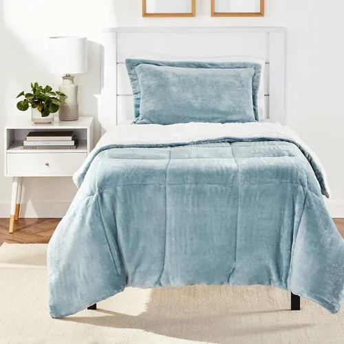 Vista 21 de Amazon Basics - Juego de ropa de cama de 3 piezas, Micromink Sherpa, ultrasuave, edredón cálido para todas las estaciones, tamaño Full/Queen, negro