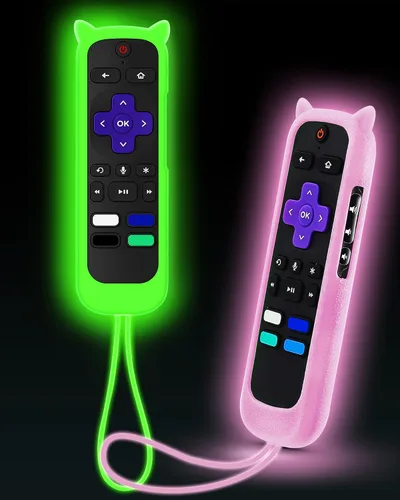 Vista 10 de ONEBOM - Juego de 2 fundas para control remoto Roku con diseño de orejas de Azul resplandor y rosa brillante