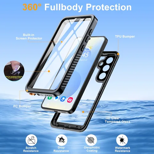 Vista 5 de GOLDJU - Funda impermeable para Samsung Galaxy S25, IP68, color negro y transparente Dustproof Case with Built-in Screen Protector, Full Body