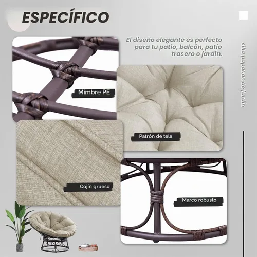 Vista 4 de Joyside Papasan - Silla con cojín y marco, silla Papasan de mimbre de 46 pulgadas, silla de platillo grande, marco marrón con cojín beige