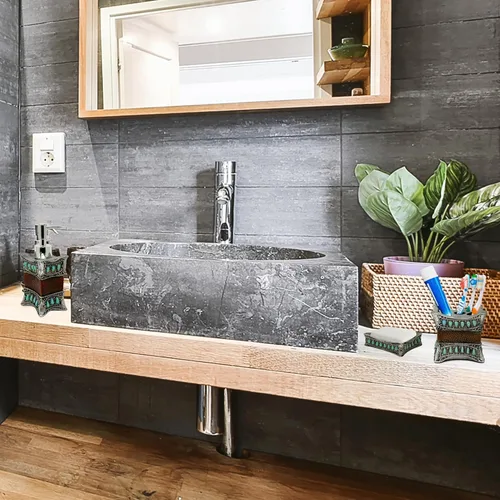 Vista 5 de Juego de baño rústico de 3 piezas, kit de decoración de piel sintética y resina turquesa