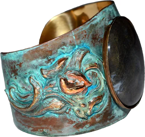 Vista 2 de Verdigris Patina Brass Art Nouveau - Cabujón de ágata musgo grande, hecho en Estados Unidos, Latón, ágata musgosa