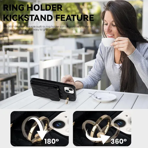 Vista 3 de Funda para iPhone 15 Plus de 6.7 pulgadas, cartera cruzada con bloqueo RFID, 4 ranuras para tarjetas, soporte de anillo de 360°, funda protectora