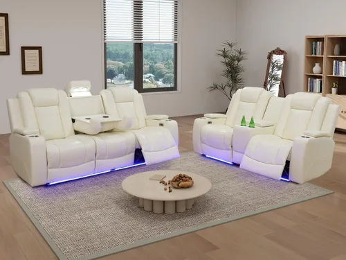 Vista 123 de Juego de sofá reclinable eléctrico, seccional de cuero transpirable beige, juego de muebles de sala de estar, 2 piezas, sofá reclinable eléctrico