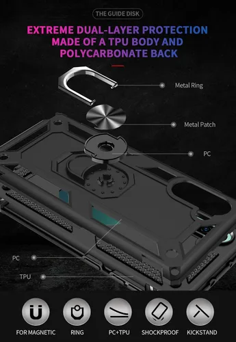 Vista 5 de Funda para Samsung Galaxy Note 10, Note10 con protectores de pantalla HD, soporte de anillo de metal de grado militar con soporte de anillo de Negro