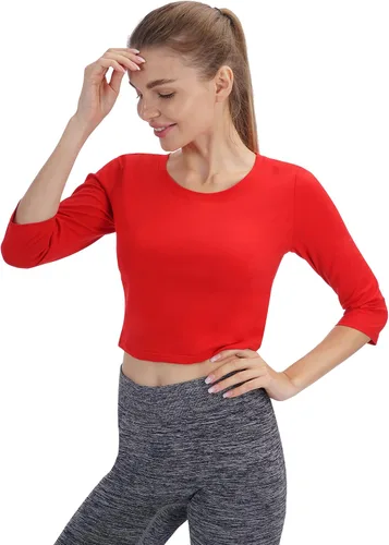 Vista 25 de Camiseta corta para mujer, cuello redondo, manga 3/4, casual, Y2K, linda camiseta corta para yoga