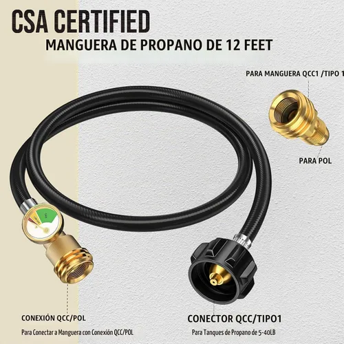 Vista 2 de Manguera de extensión de tanque de propano de 12 pies con indicador y adaptador de tanque de propano, para tanque de propano de 100 libras