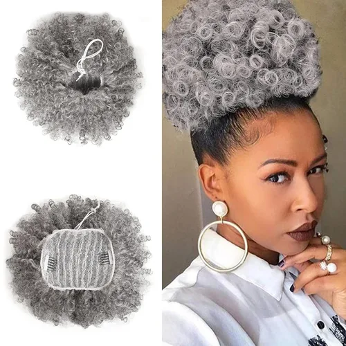 Vista 17 de Extensión de cola de caballo afro rizada encrespada con cordón para mujeres, cola de caballo afro con cordón, rizos encrespados sintéticos, piezas