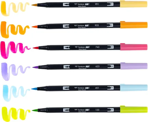 Vista 4 de Tombow 56240 Marcadores artísticos de doble pincel, sorbete Yay, paquete de 6. Marcadores mezclables, con pincel y punta fina