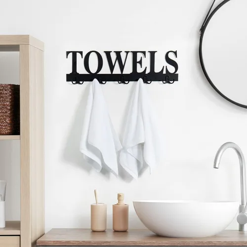 Vista 2 de MyGift Toallero para baño, soporte para toallas de baño montado en la pared con 5 ganchos dobles, colgador de toalla de mano de lavandería de Negro