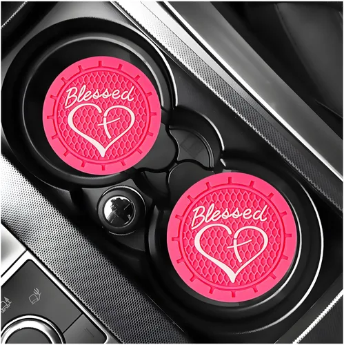 Vista 25 de KVAEY 2 PCS Posavasos para Portavasos de Coche, 2.76 Pulgadas Alfombrillas Antideslizantes para Bebidas del Vehículo con Linda Cruz Bendita