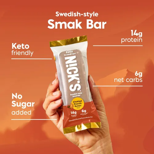 Vista 2 de Nick's Smak Bar, barra de proteínas, mantequilla de maní de chocolate, comer frío, sin azúcar añadida, aperitivo keto de proteínas, 0.45 onzas