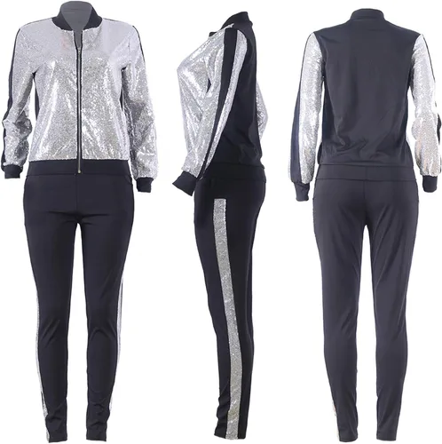 Vista 5 de Conjunto deportivo de 2 piezas con lentejuelas con purpurina para mujer chaqueta de manga larga pantalones largos ajustados sudadera brillante ropa