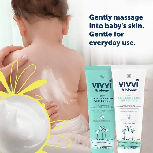Vista 2 de Vivvi & Bloom Loción suave 2 en 1 para bebé, cara y cuerpo, para piel delicada y sensible del bebé, loción hipoalergénica aroma natural, 8.5 onzas