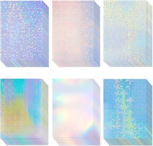 Vista 12 de 60 hojas de hojas holográficas laminadas de purpurina transparente tamaño A4, papel adhesivo de vinilo con superposición holográfica, película