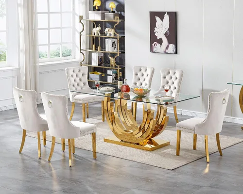 Vista 38 de Juego de mesa de comedor de cristal dorado de 5 piezas, 70 pulgadas, rectangular, moderna, para cocina y comedor, mesa de comedor para 4, mesa