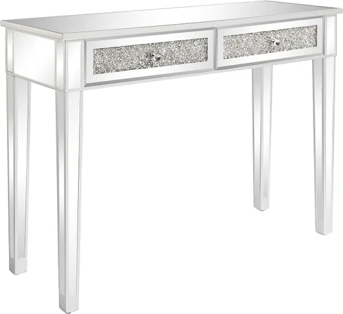 Vista 4 de Karl home Mesa de escritorio con espejo y 2 cajones, mesa consola plateada, mesa de sofá con espejo con incrustación de cristal en la parte