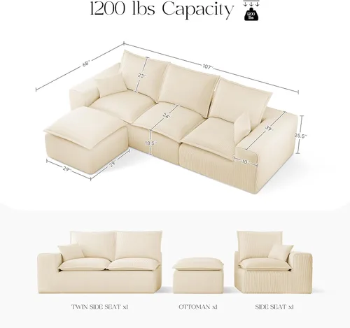 Vista 2 de Cómodo sofá Cloud de 107" con chaise en forma de L y asiento profundo, sofá seccional modular en una caja, sofás tapizados sin estructura para sala