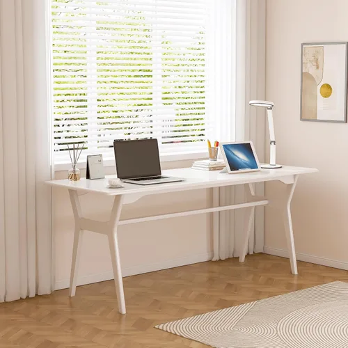 Vista 3 de OSCHF Escritorio de estudio de madera maciza, mesa de computadora doble larga de 63 pulgadas para oficina en casa, estación de trabajo de PC para 2