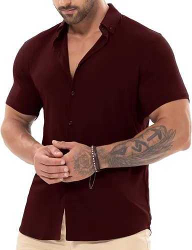 Vista 4 de Askdeer Camisas de ajuste muscular para hombre, sin arrugas, manga corta, casual, elástica, ajustada, con botones