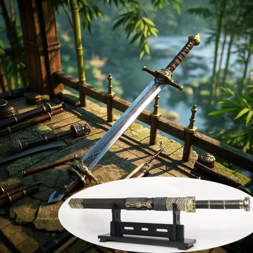 Vista 5 de Soporte Katana para espada, soporte de madera para sable de luz de escritorio, soporte de exhibición de espada Samurai para cosplay (negro, 1 nivel)