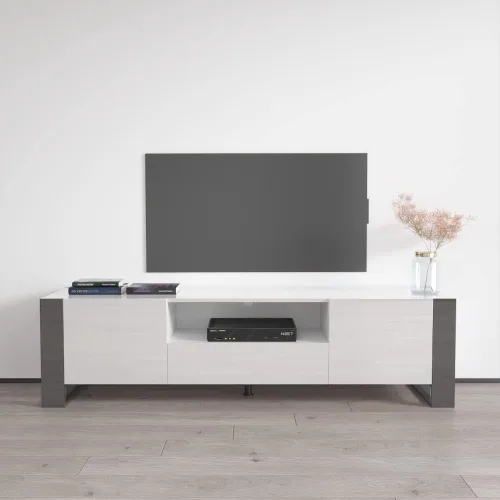 Vista 10 de Woody - Soporte de TV moderno de alto brillo de 71 pulgadas (roble/gris)