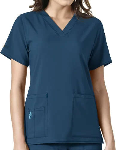 Vista 24 de Carhartt Scrubs C12110, camiseta de mujer Force® Cross-Flex de ajuste moderno con cuello en V Azul celeste