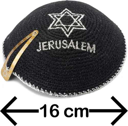 Vista 3 de JL Kippah Algodón Bordado Punto Azul Marino Plata Estrella de David Yarmulke 5.9in